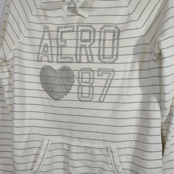 Aeropostale Cream Silver Metallic Stripe Pullover Hoodie Size M Pocket FLAW - Picture 2 of 9
